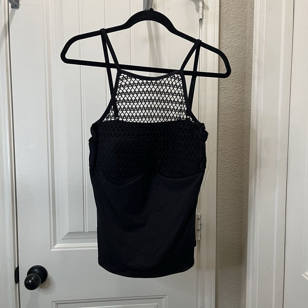 Gibson Latimer Black Lace Crochet Cage Neckline Tankini Swim Top Womens L NEW